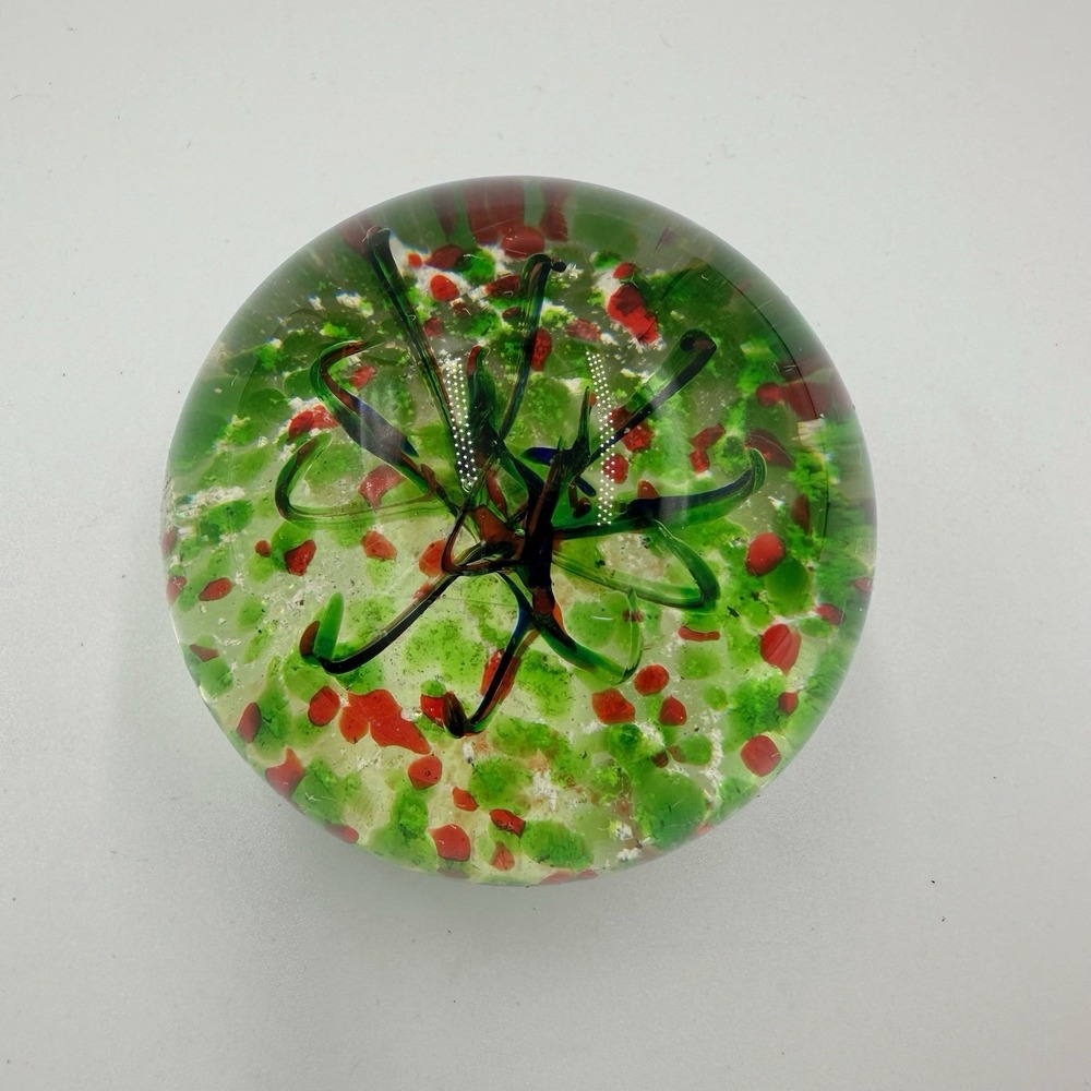 Vintage Art Glass Paperweight Murano‎ Style Controlled Bubble Green Red 2"